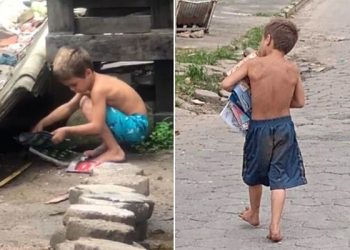 Menino de cinco anos recolhe livros de caçamba de lixo para estudar